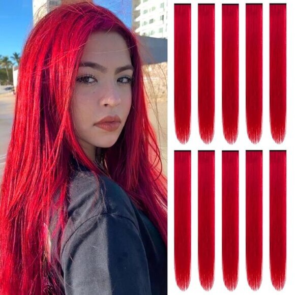 New 10PCS 22" Red Colour Synthetic Hairpiece Clip-in Hair Extensions for Women